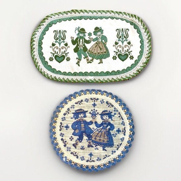 2 Haller Textilwerk Austria Floral Folk Man & Woman Lace Edge Doily/Coasters VTG - Picture 1 of 6